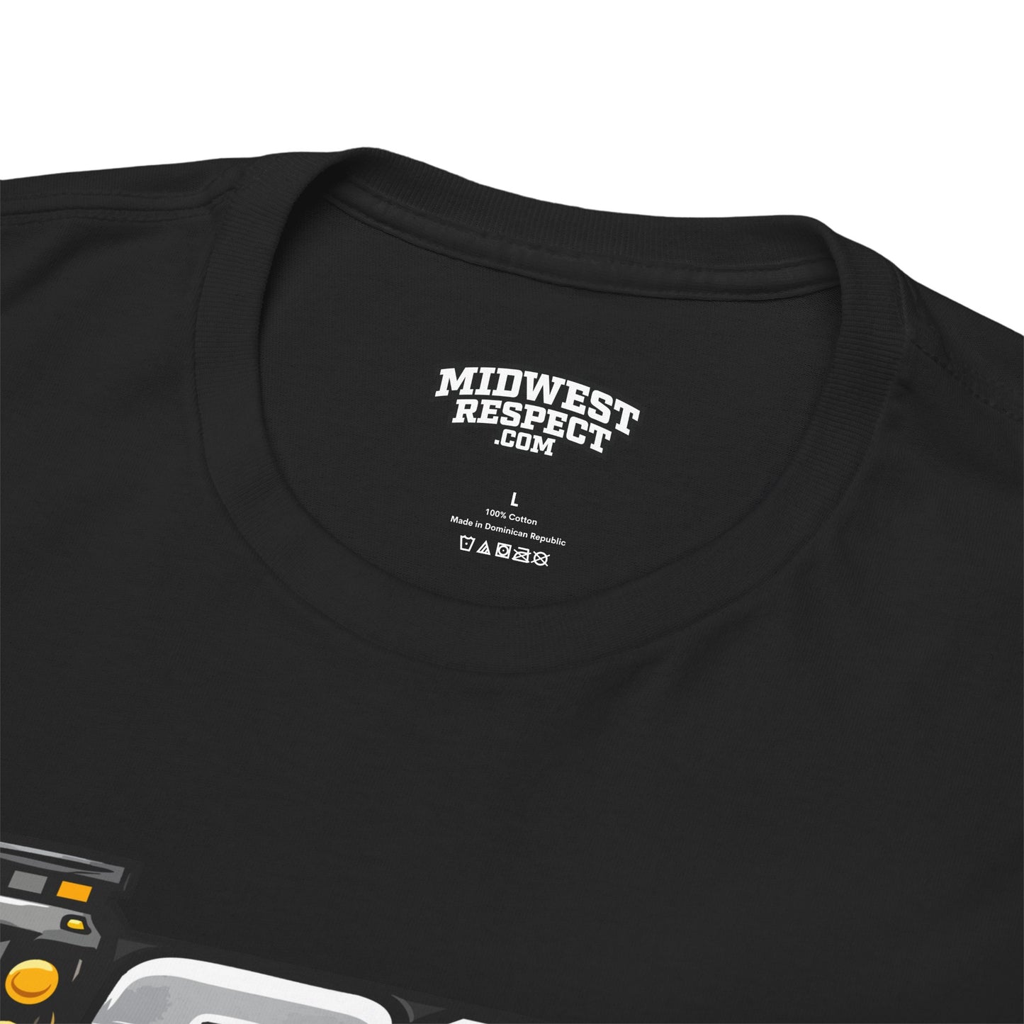 Black t-shirt with 'Midwest Respect' logo on a white background