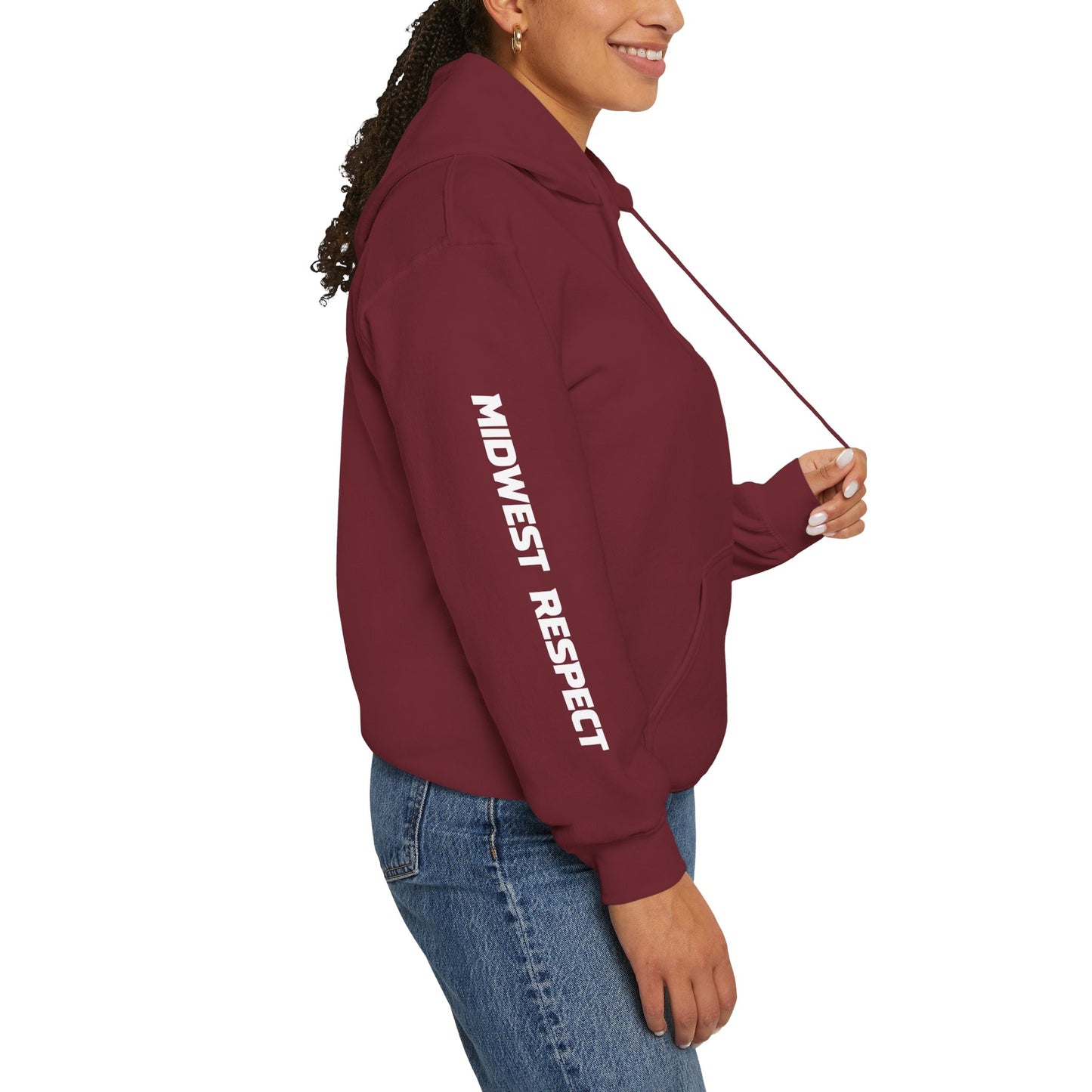 Person wearing a maroon hoodie with white text on a white background