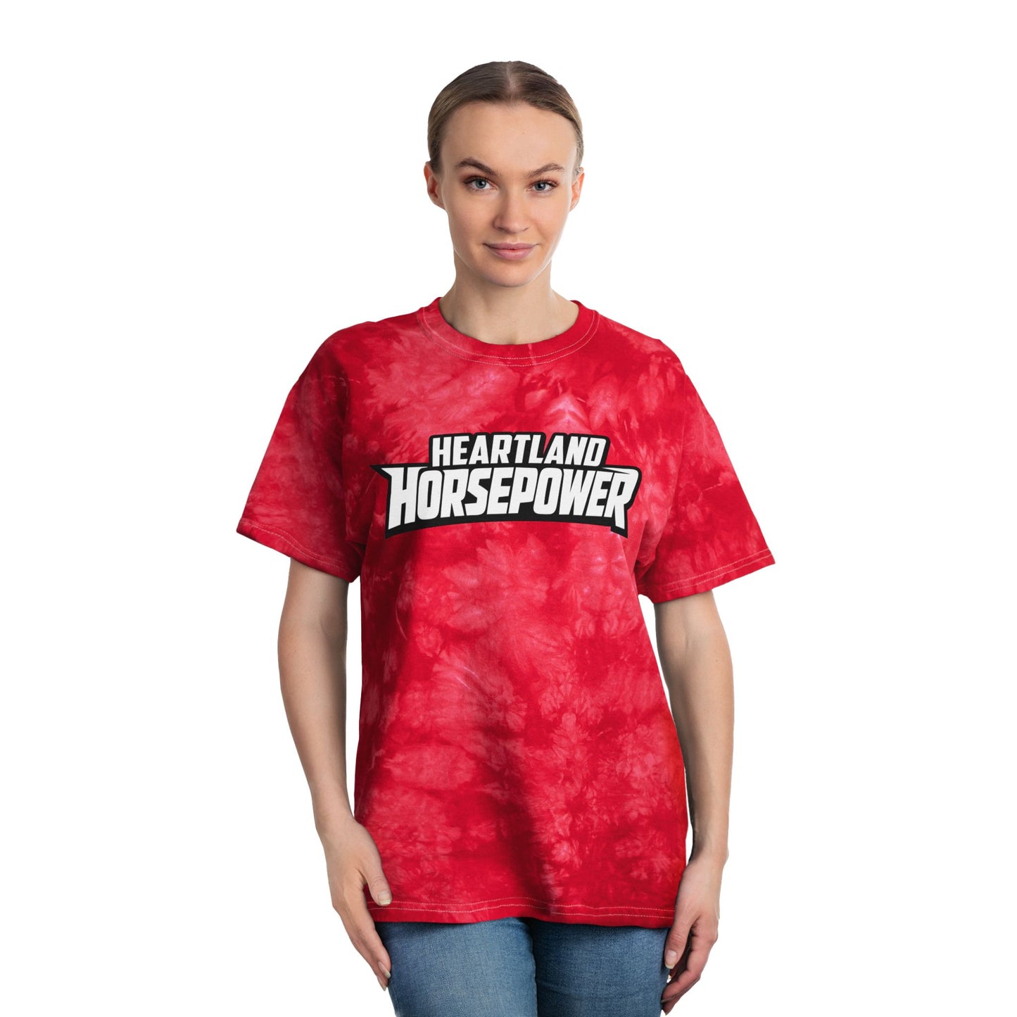 Person wearing a red 'Heartland Horsepower' t-shirt on a white background