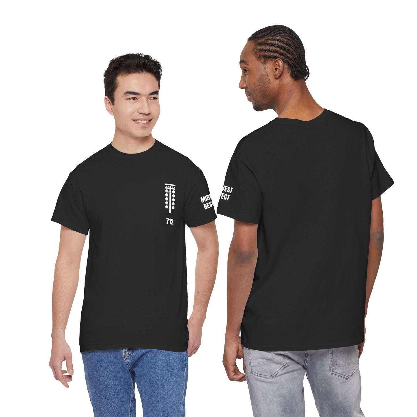 Two people wearing black t-shirts with designs on the front and back, standing side by side.