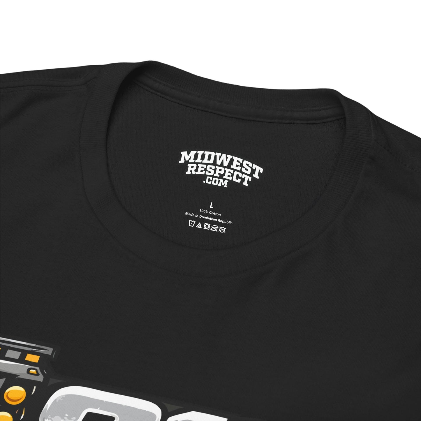 Black t-shirt with 'Midwest Respect' logo on a white background