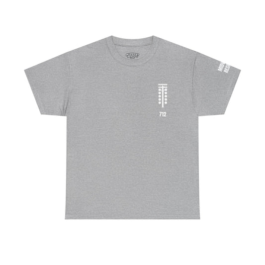 Gray t-shirt with white text and logos on a white background