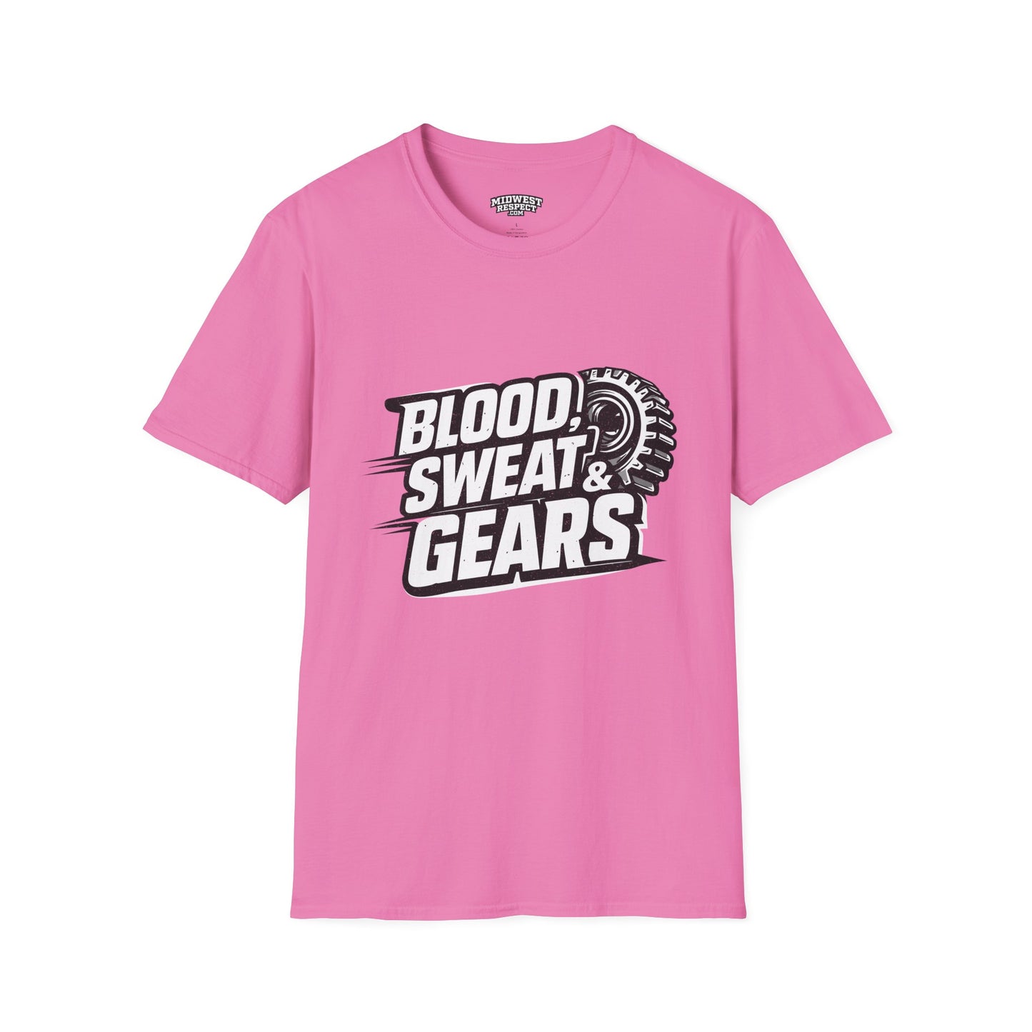 Pink t-shirt with 'Blood, Sweat & Gears' text and graphic on a white background