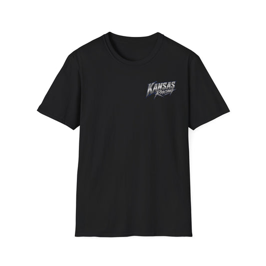 Black t-shirt with a small logo on a white background