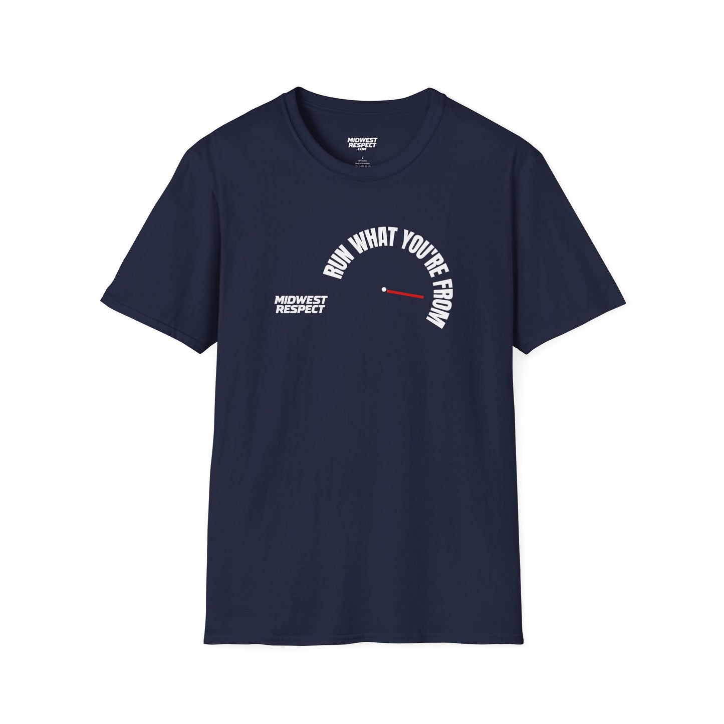 Navy blue t-shirt with a small graphic on the chest against a white background