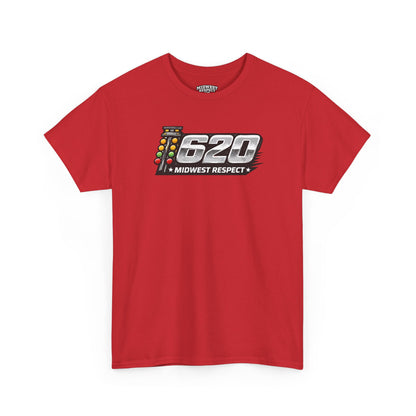 Red t-shirt with '620 Midwest Respect' graphic on a white background