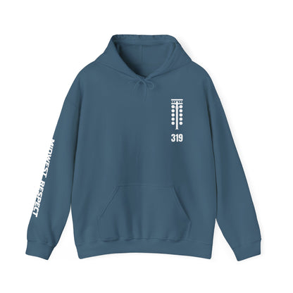 Blue hoodie with white text and design on a white background
