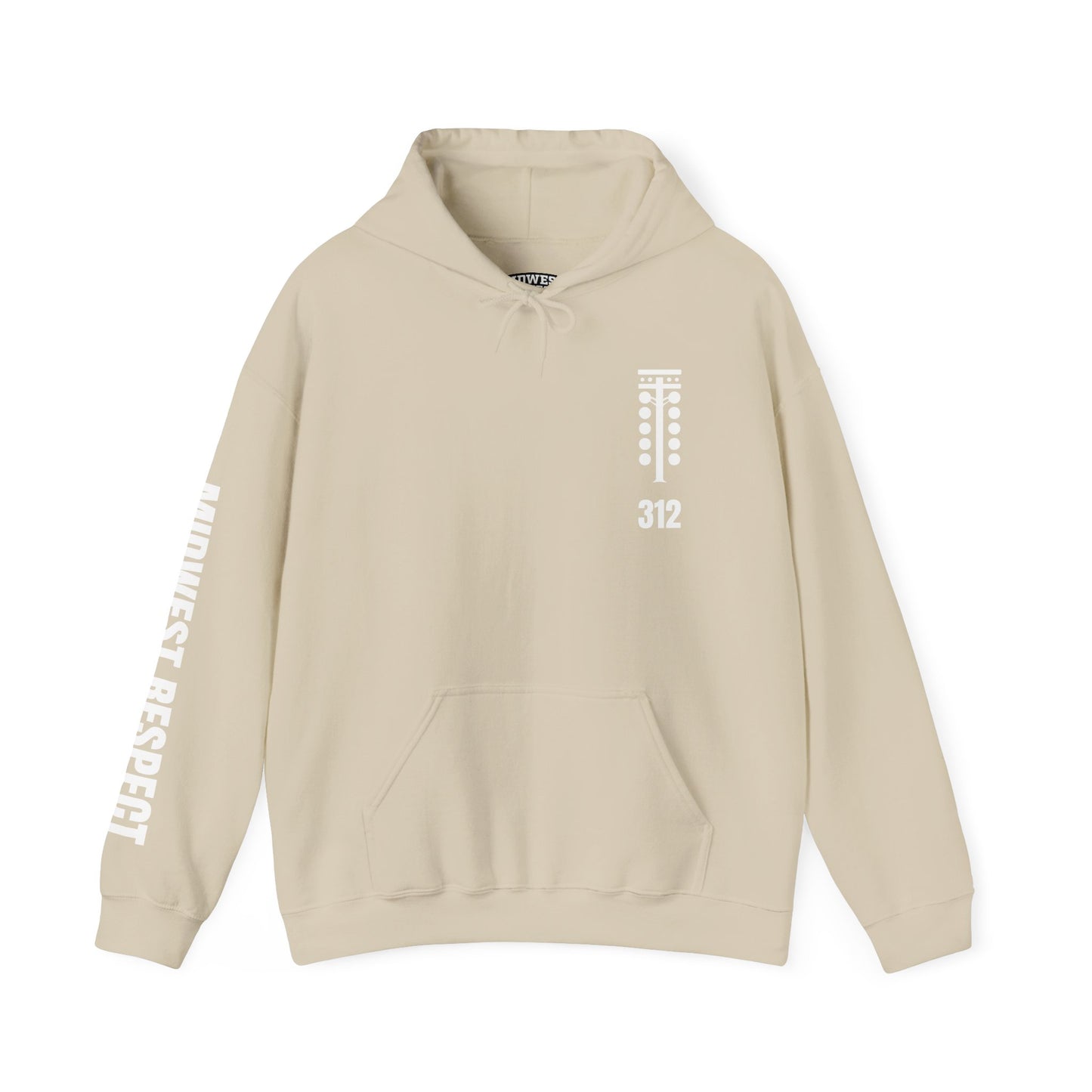 Beige hoodie with a graphic and text on a white background