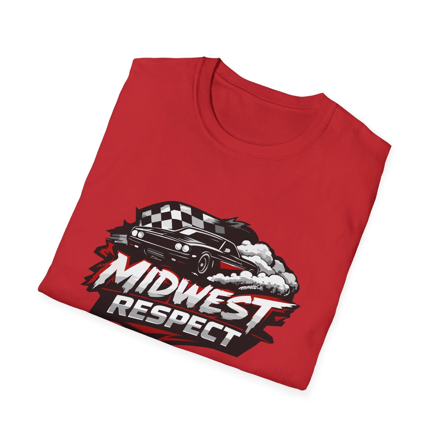 Red t-shirt with 'Midwest Respect' graphic design on a white background