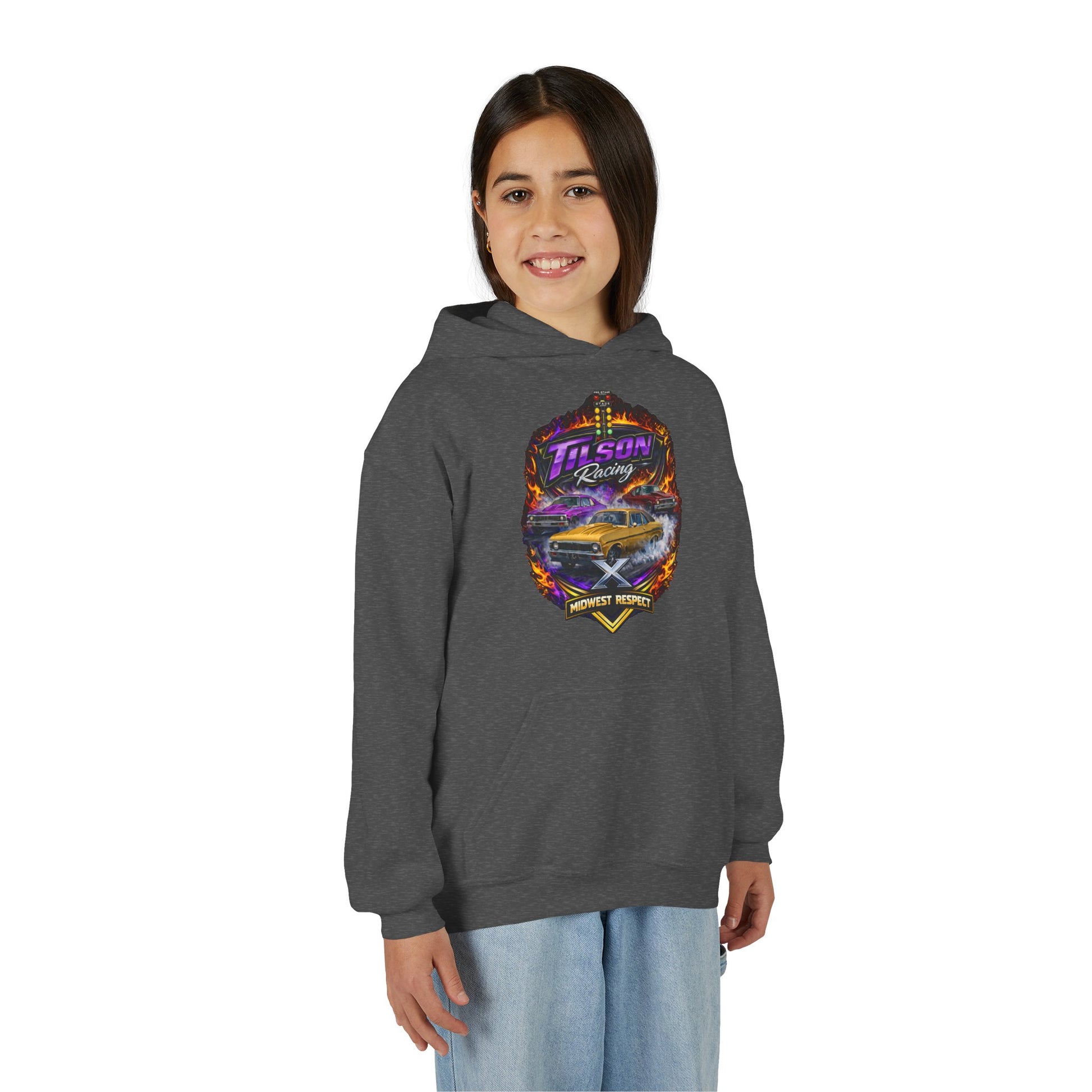 Person wearing a gray hoodie with racing logo on a white background