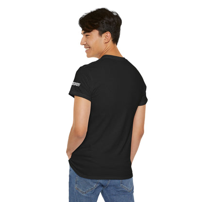 Person wearing a black t-shirt on a white background