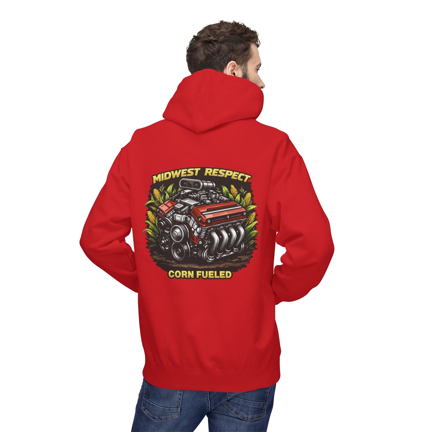 Red hoodie with a graphic design on the back, featuring text and an engine illustration, worn by a person.