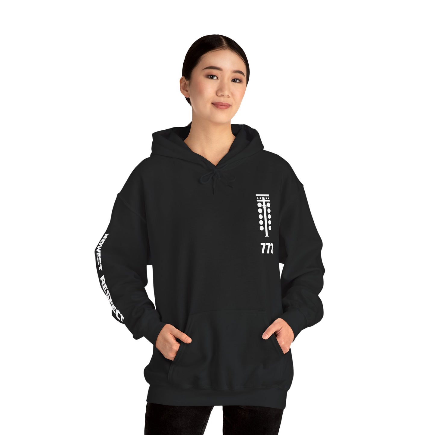 Person wearing a black hoodie with white text on a white background