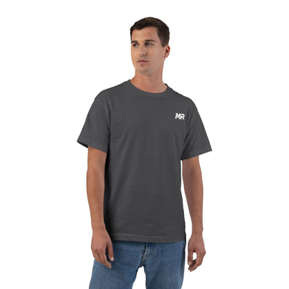 Man wearing a dark gray t-shirt with a logo on a white background