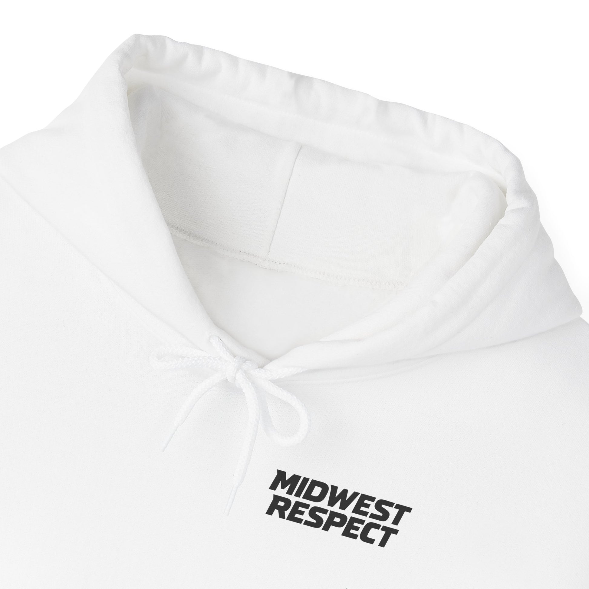 White hoodie with 'Midwest Respect' text on a white background