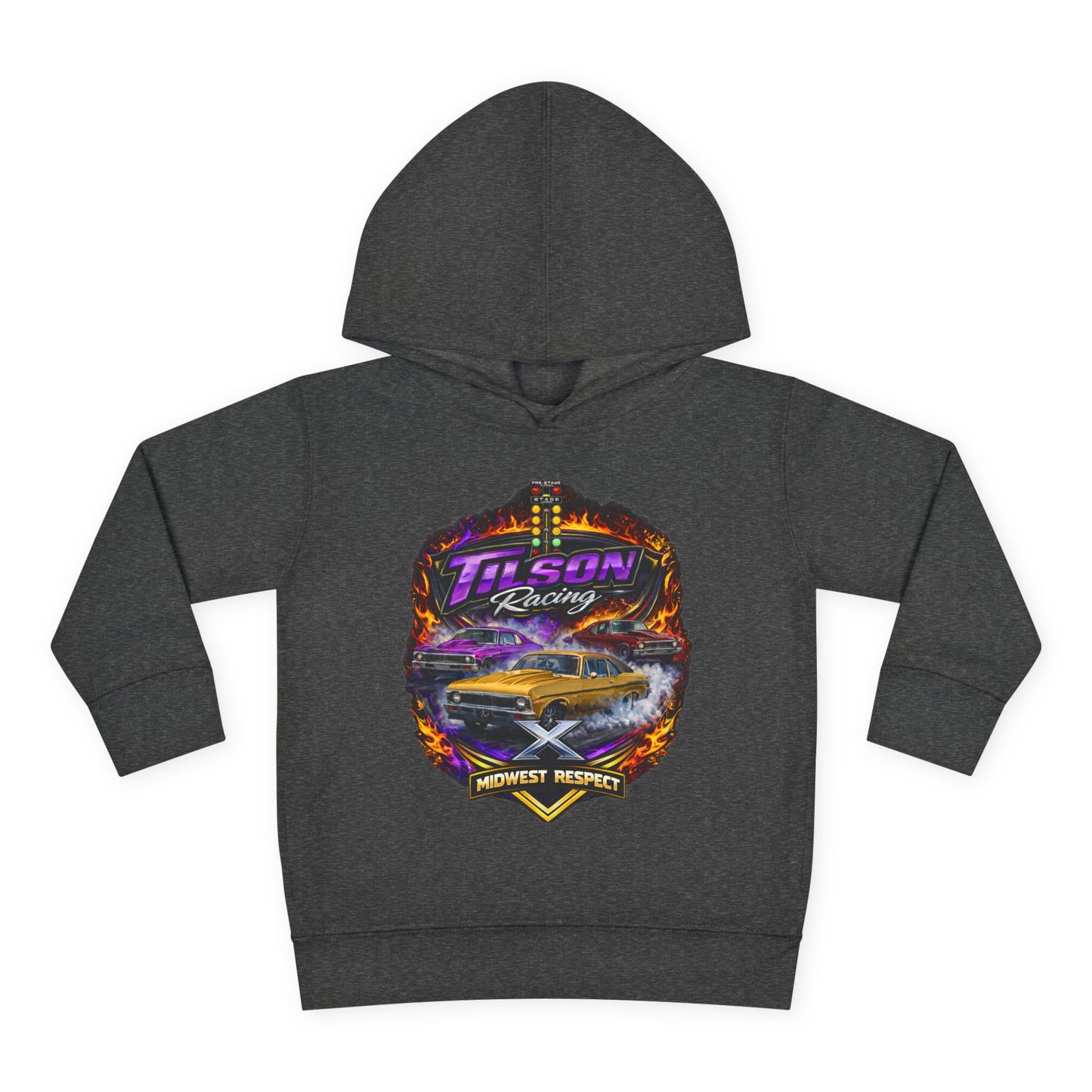 Gray hoodie with a colorful graphic design on a white background