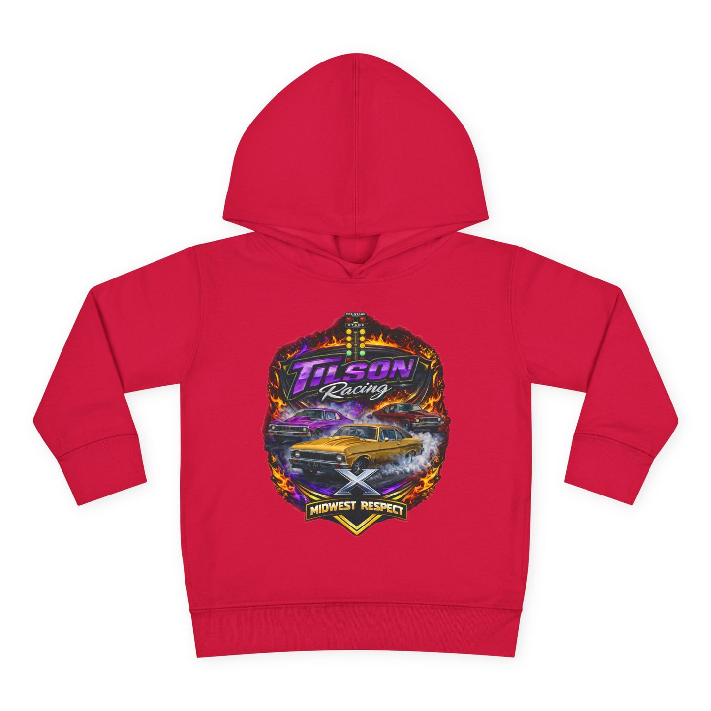 Red hoodie with a graphic design on a white background