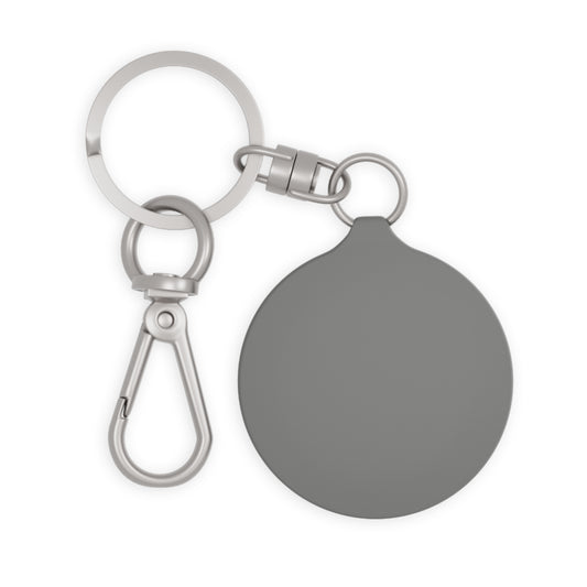 Silver keychain with a round tag on a white background
