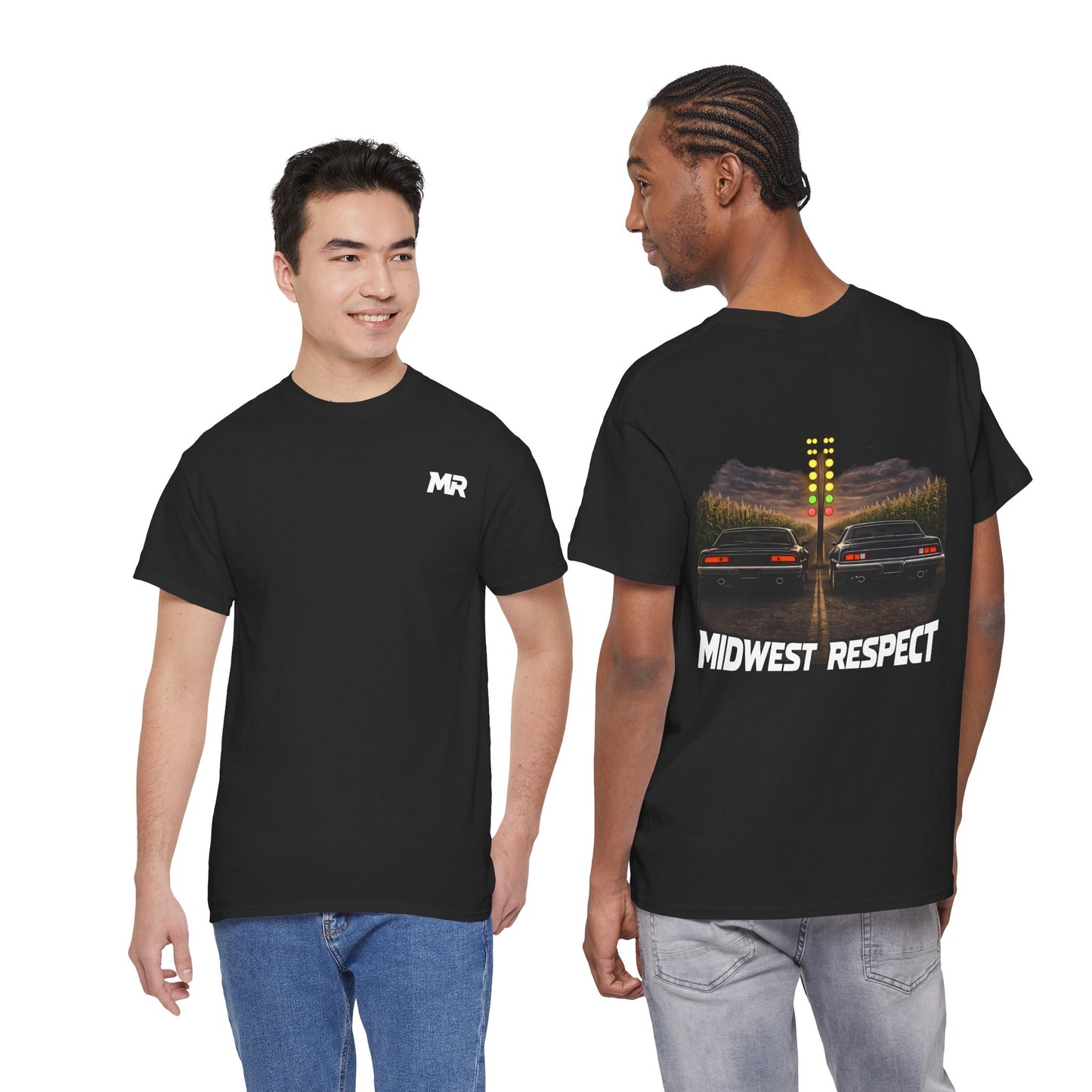 Two people wearing black t-shirts with 'Midwest Respect' branding and racing graphic.