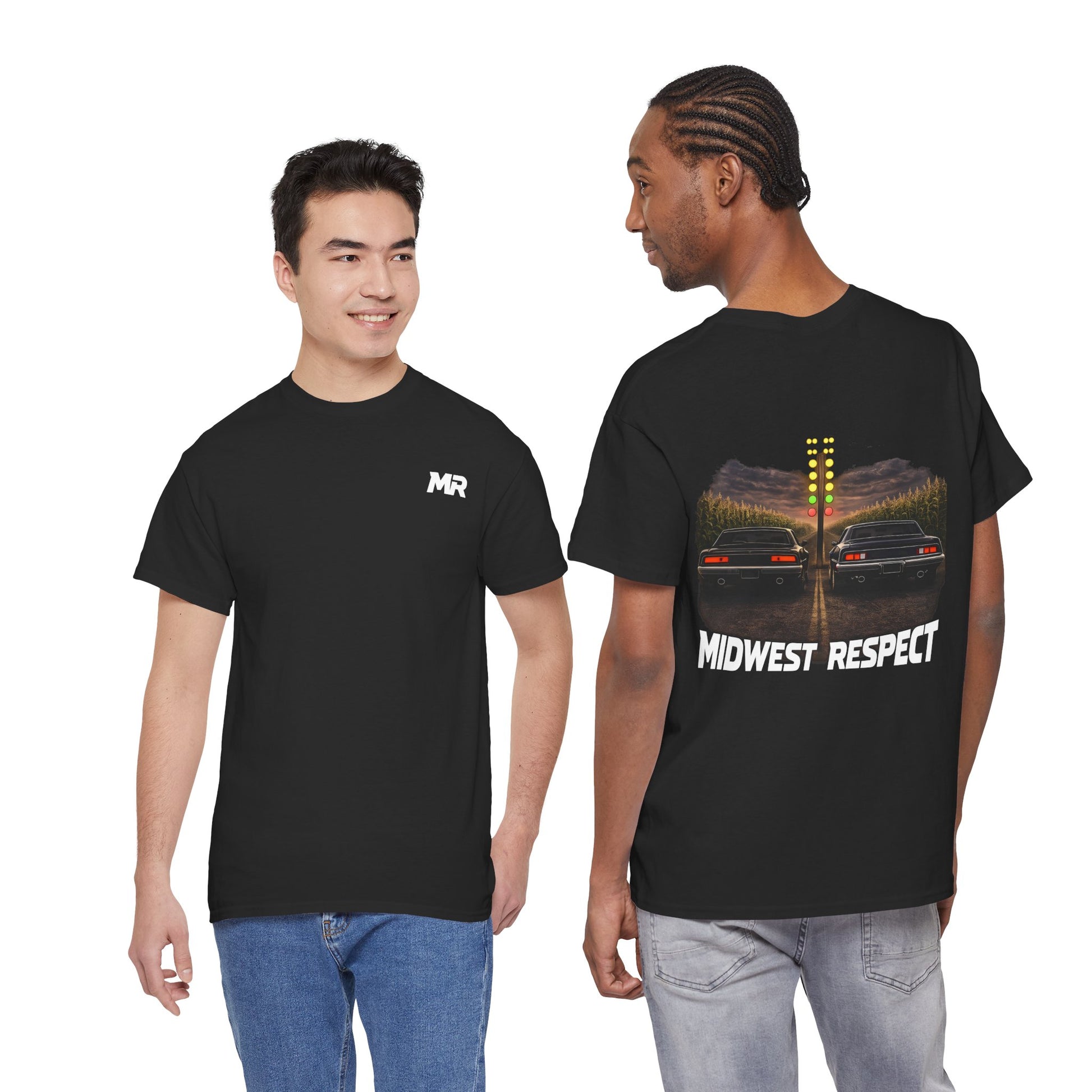 Two people wearing black t-shirts with 'Midwest Respect' branding and racing graphic.