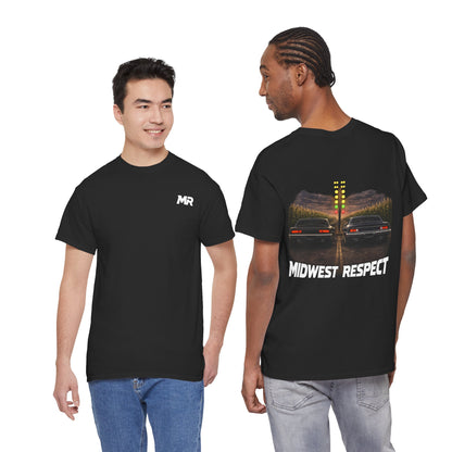 Two people wearing black t-shirts with 'Midwest Respect' branding and racing graphic.