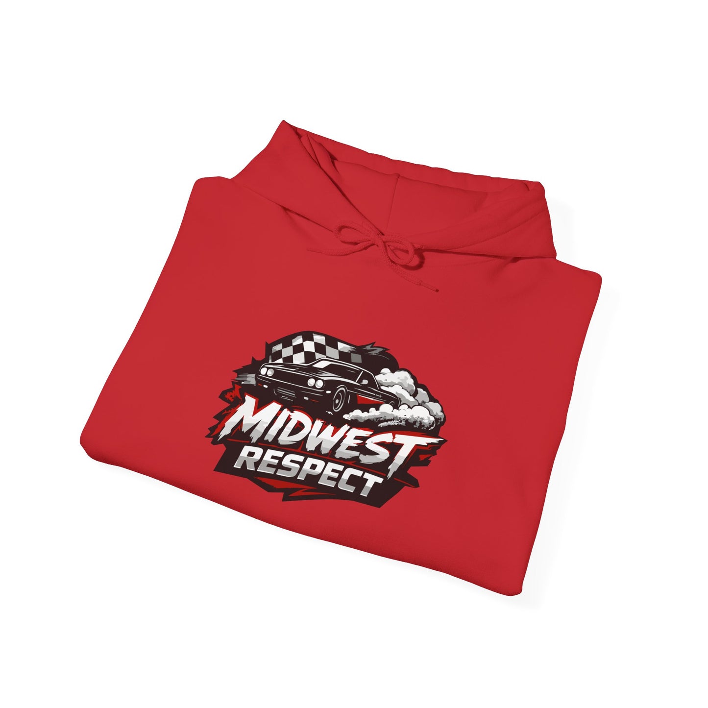Red hoodie with 'Midwest Respect' muscle car graphic on a white background