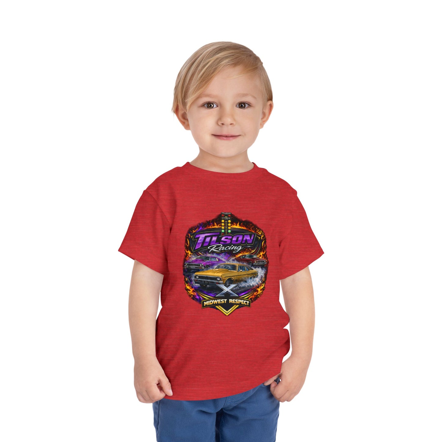 Child wearing a red t-shirt with a graphic design on a white background
