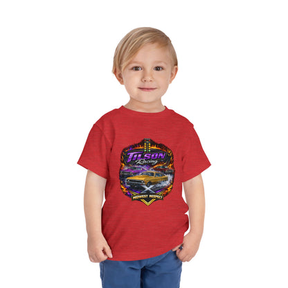 Child wearing a red t-shirt with a graphic design on a white background