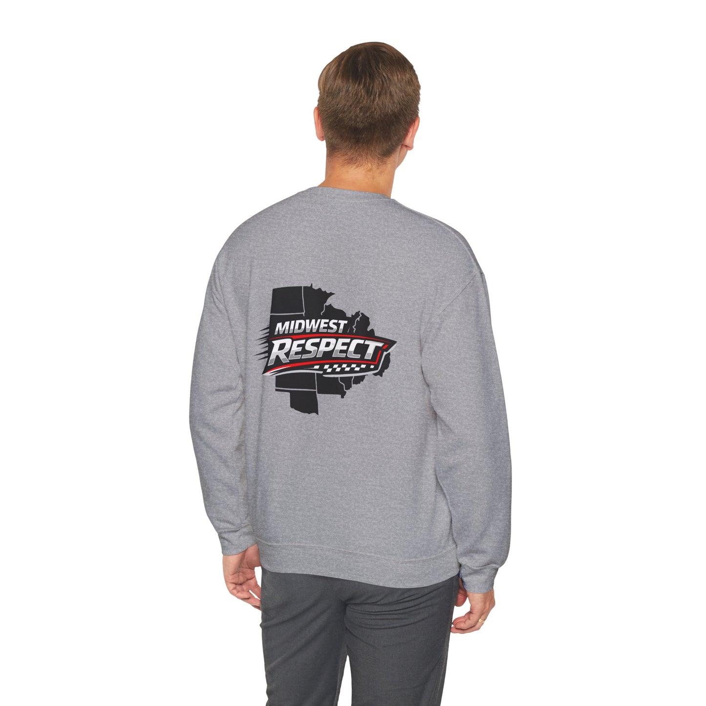 Person wearing a gray sweatshirt with 'Midwest Respect' logo on the back against a white background