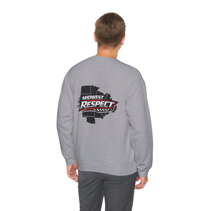 Person wearing a gray sweatshirt with 'Midwest Respect' logo on the back against a white background