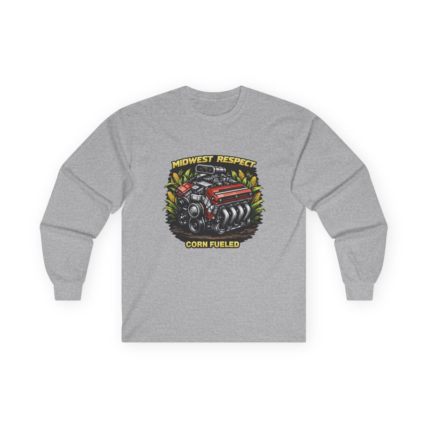 Grey long-sleeve shirt with a graphic of a corn-fueled engine and text on a white background