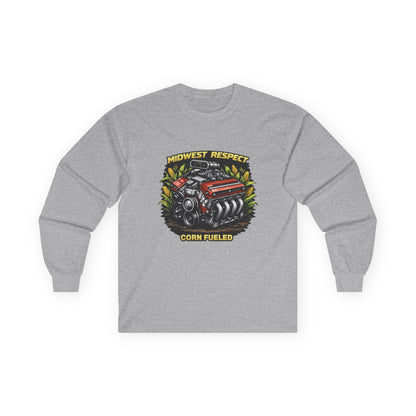 Grey long-sleeve shirt with a graphic of a corn-fueled engine and text on a white background