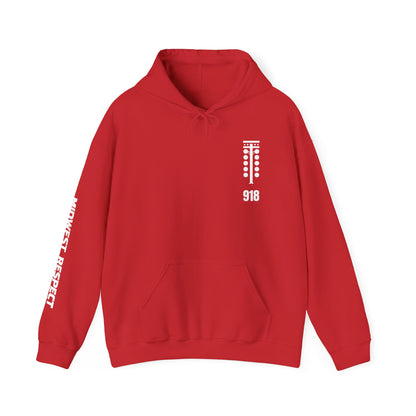 Red hoodie with white text and design on a white background