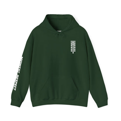 Dark green hoodie with white logo on a white background