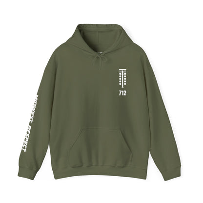 Military green hoodie with logo and text on a white background