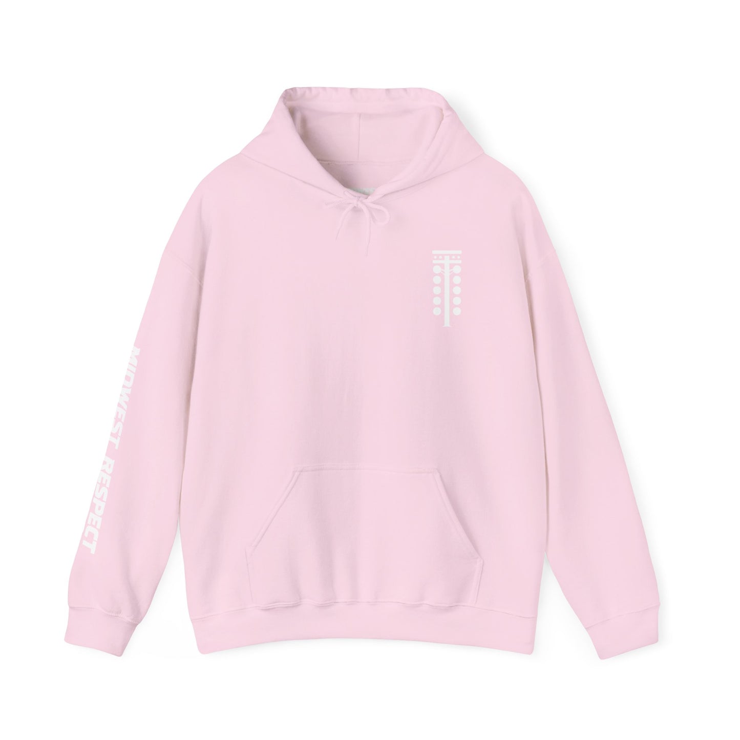 Pink hoodie with white lettering on sleeves against a white background
