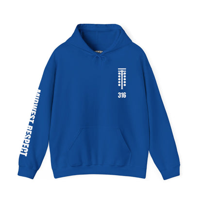 Royal blue hoodie with a 316 racing tree design in white on a white background