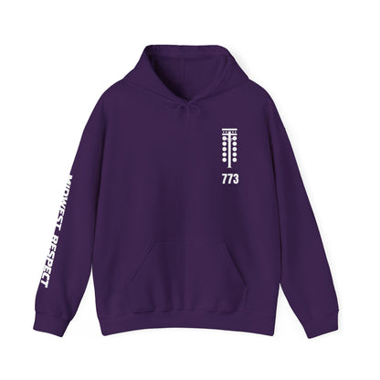 Purple hoodie with white text and design on a white background