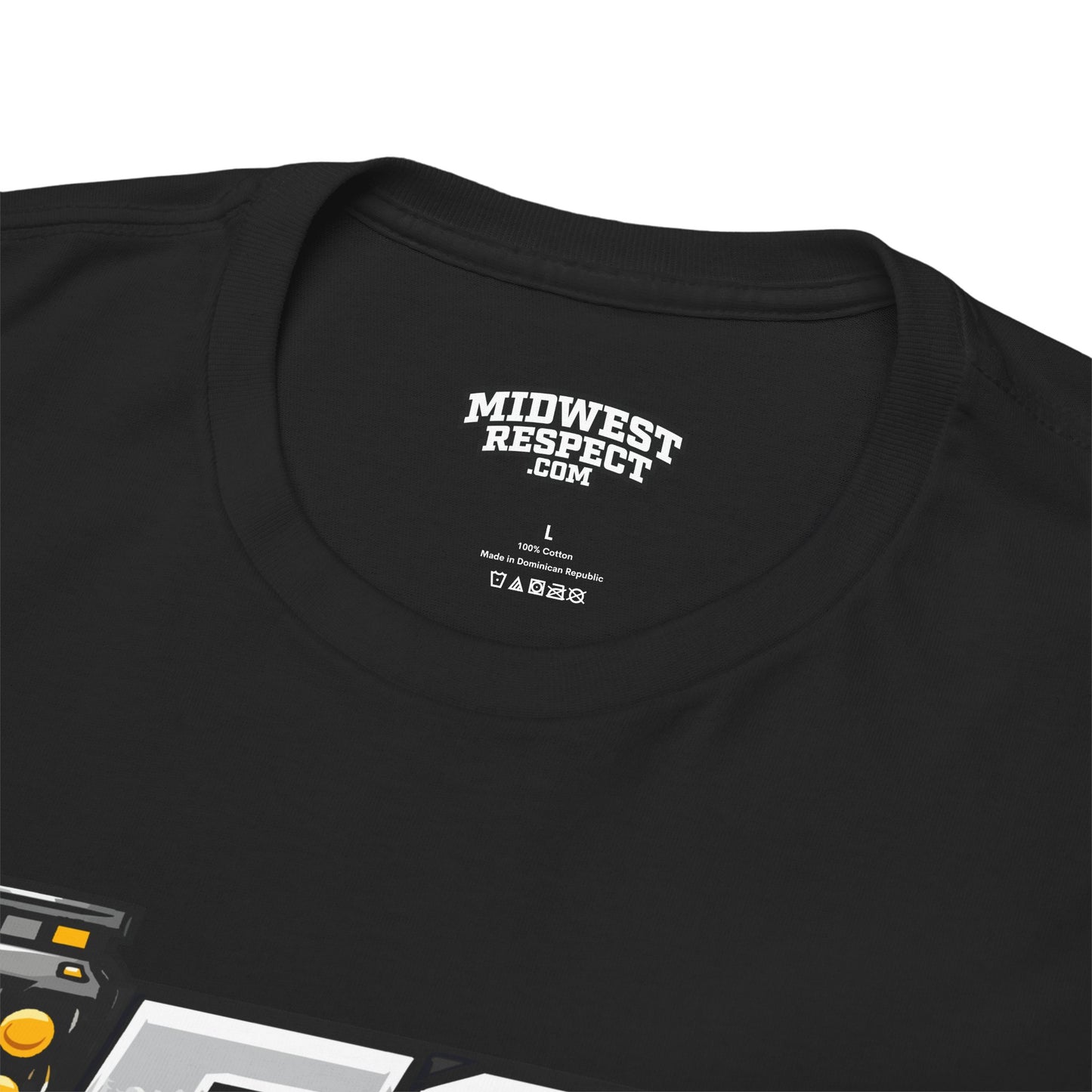 Black t-shirt with 'Midwest Respect' logo on a white background