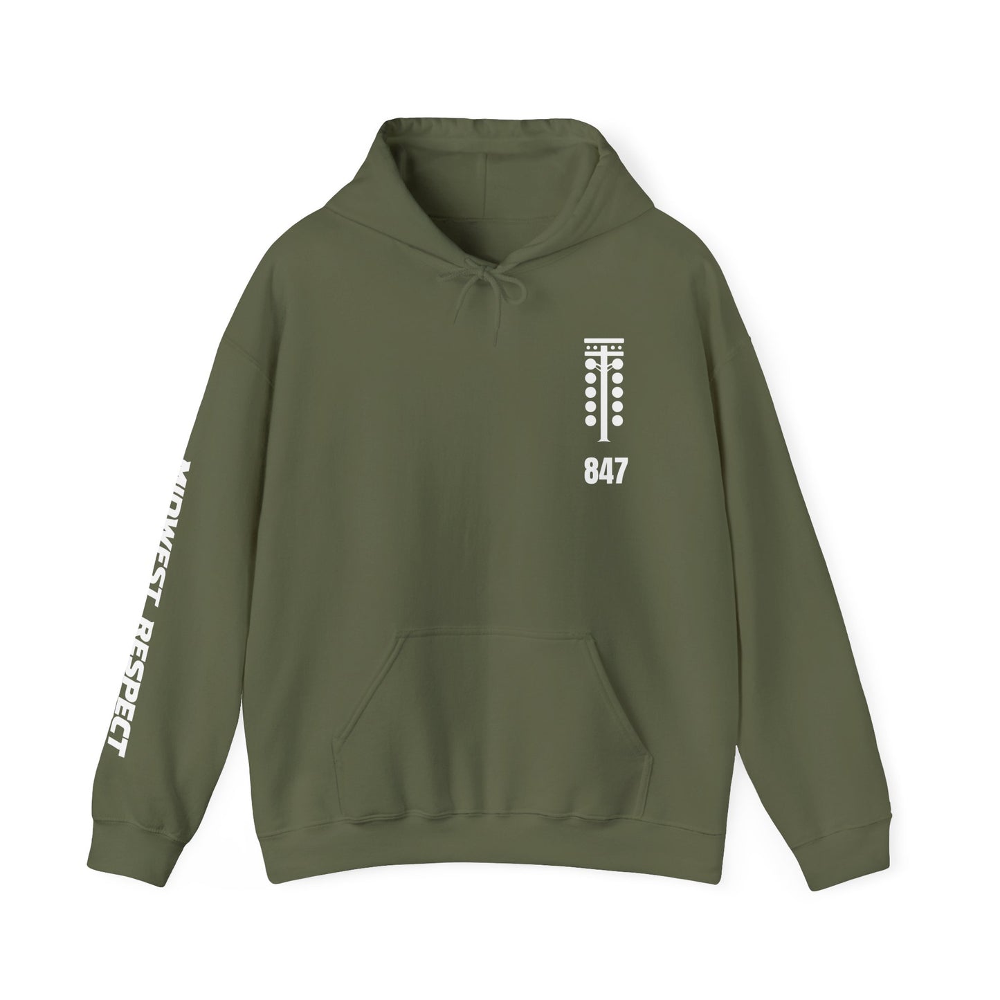 Green hoodie with white text and design on a white background