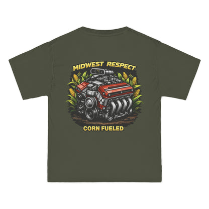 Green t-shirt with a graphic of a engine and 'Midwest Respect Corn Fueled' text on a white background