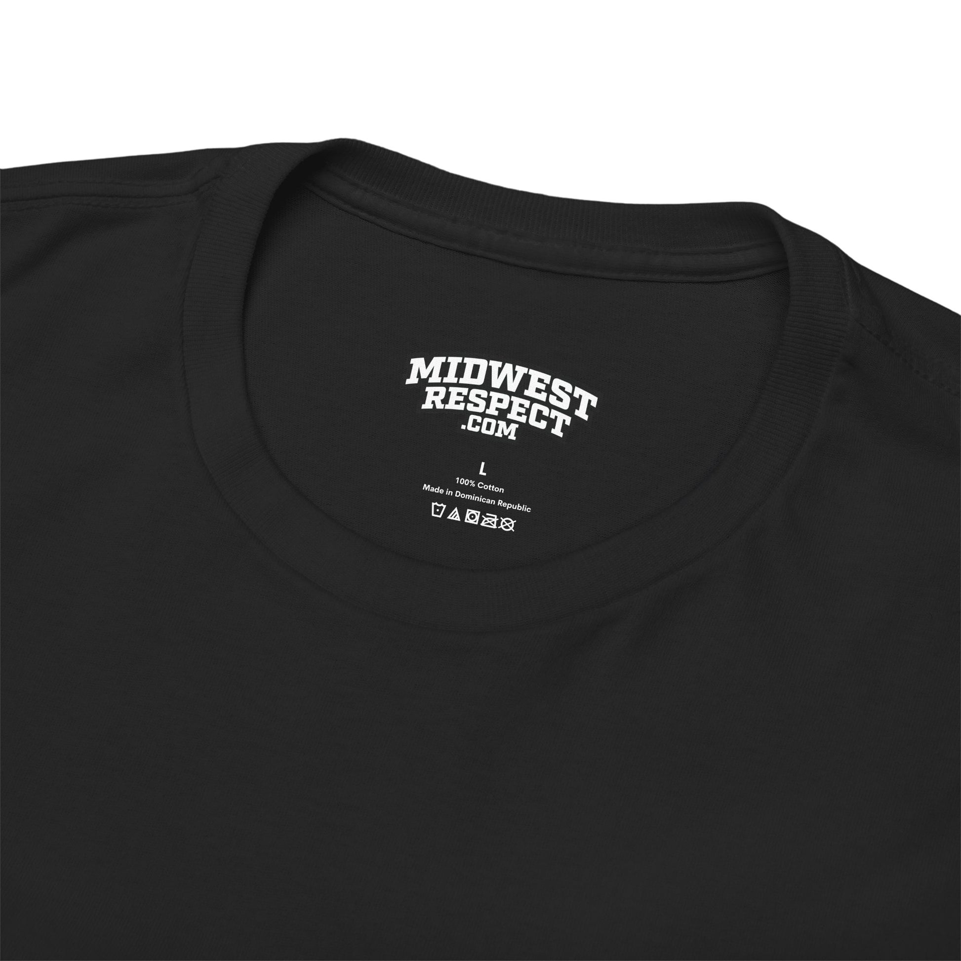 Black t-shirt with 'Midwest Respect' logo and text on a white background