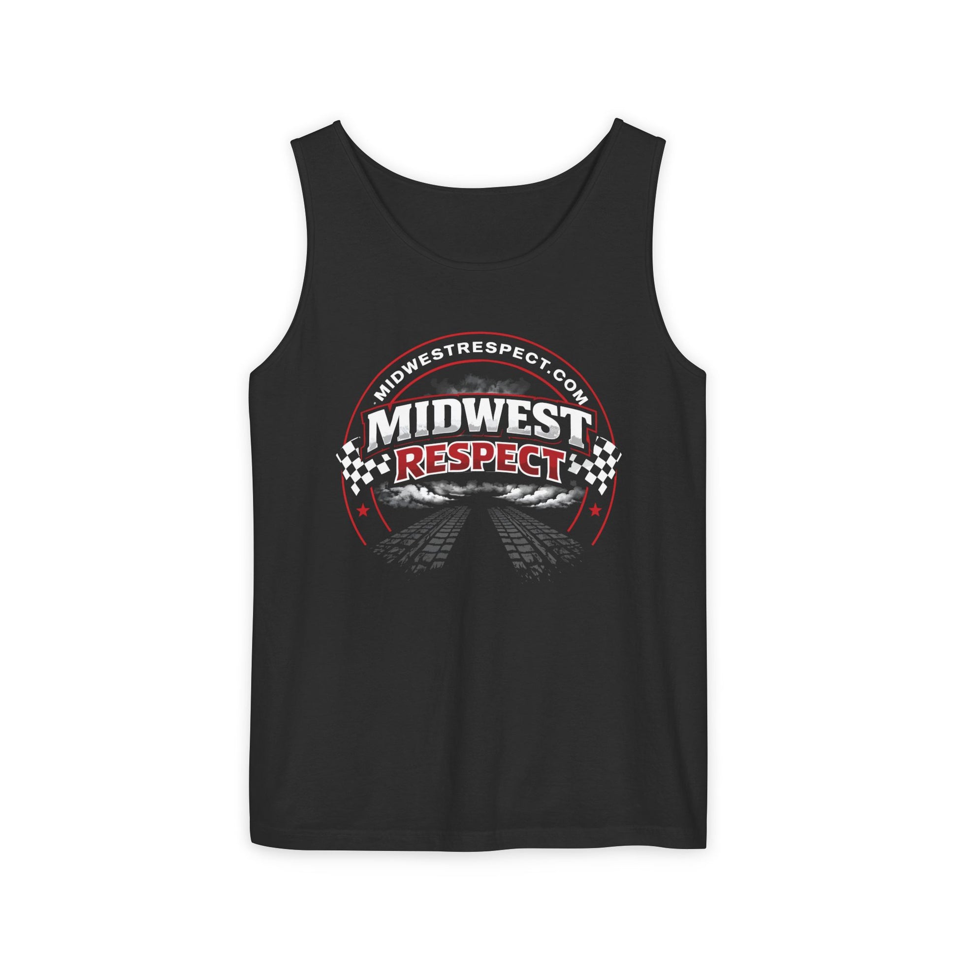 Black tank top with 'Midwest Respect' graphic design on a white background