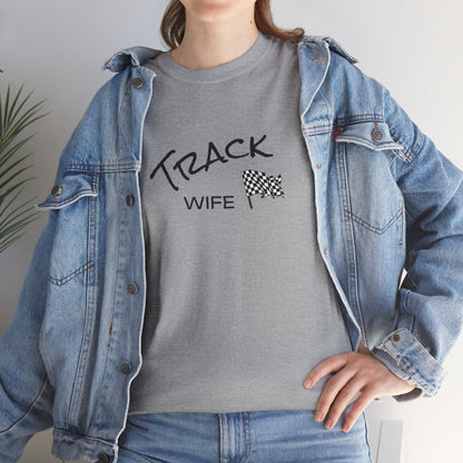 Person wearing a gray t-shirt with 'TRACK WIFE' text and a checkered flag graphic, paired with a denim jacket.