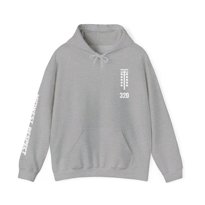 Gray hoodie with white text and numbers on a white background
