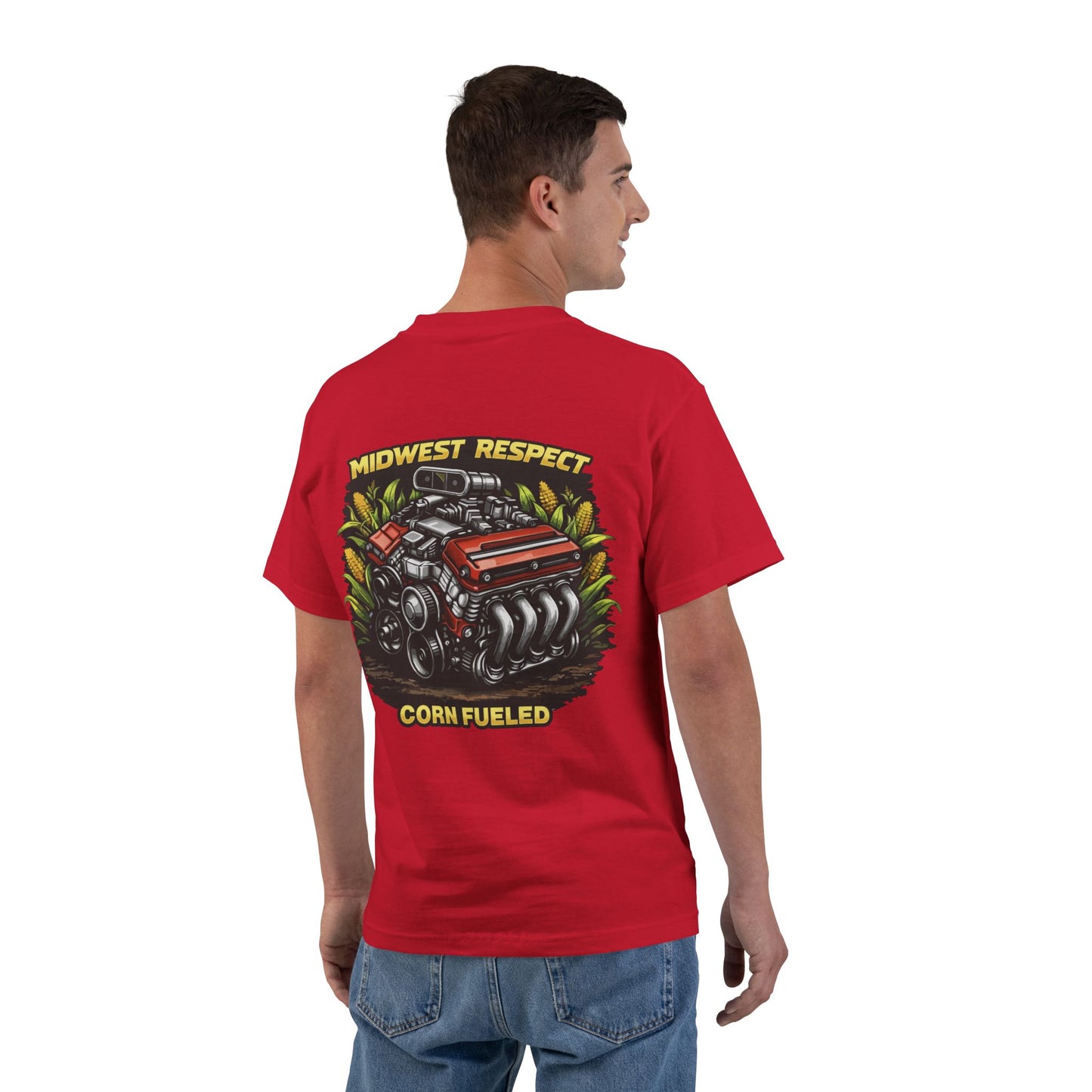 Man wearing a red t-shirt with a graphic design on the back, standing against a white background.