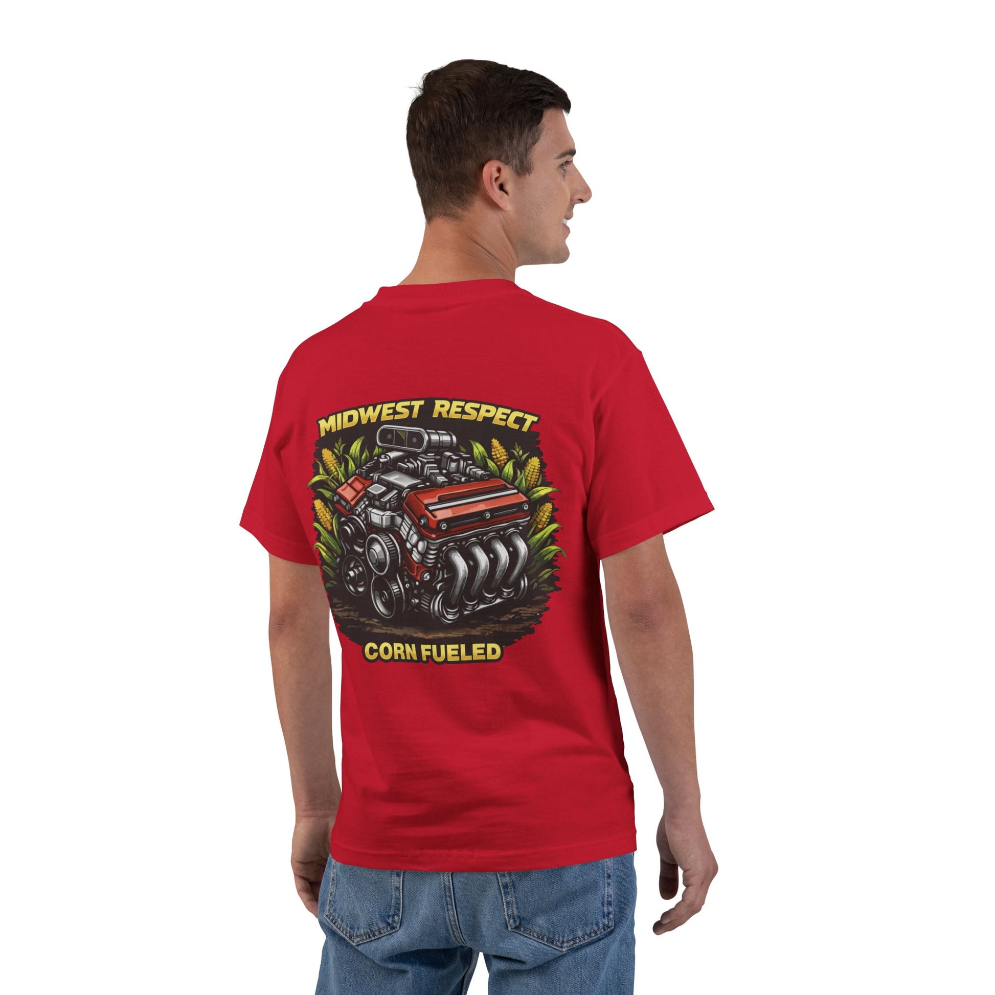 Man wearing a red t-shirt with a graphic design on the back, standing against a white background.