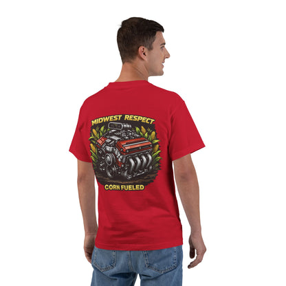 Man wearing a red t-shirt with a graphic design on the back, standing against a white background.