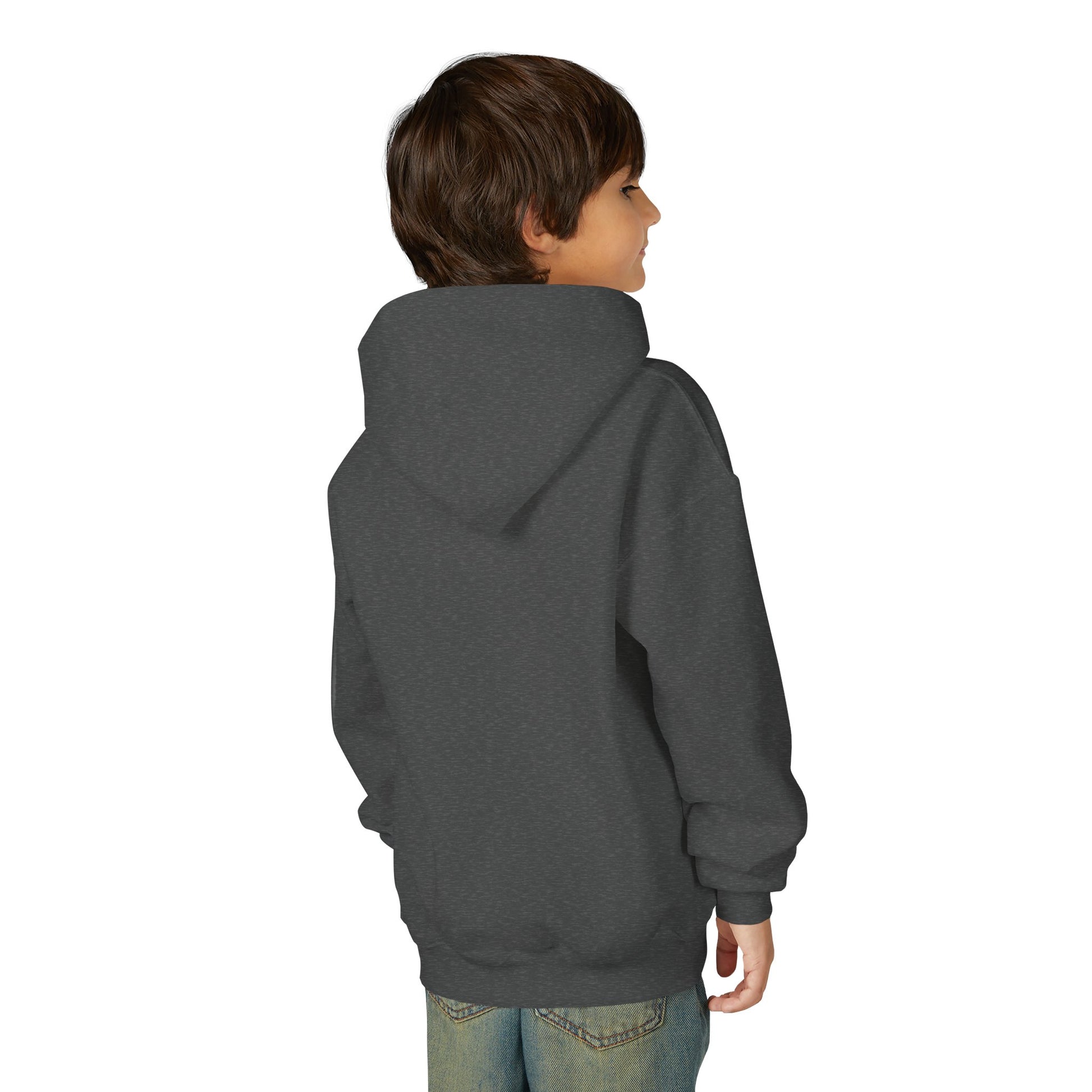 Child wearing a gray hoodie on a white background