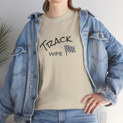 Person wearing a beige t-shirt with 'TRACK WIFE' text and a checkered flag graphic, paired with a denim jacket.